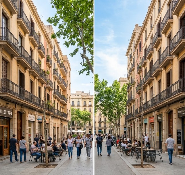 Vistas de las calles peatonales, fincas históricas y vida vecinal en El Camp de l'Arpa del Clot, Barcelona